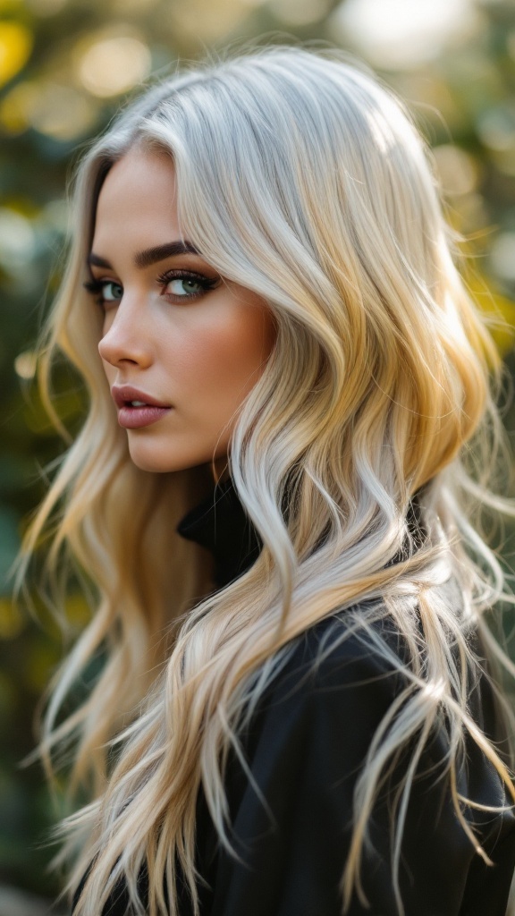 A woman with honey blonde and silver hair, styled in loose waves, looking thoughtfully to the side.
