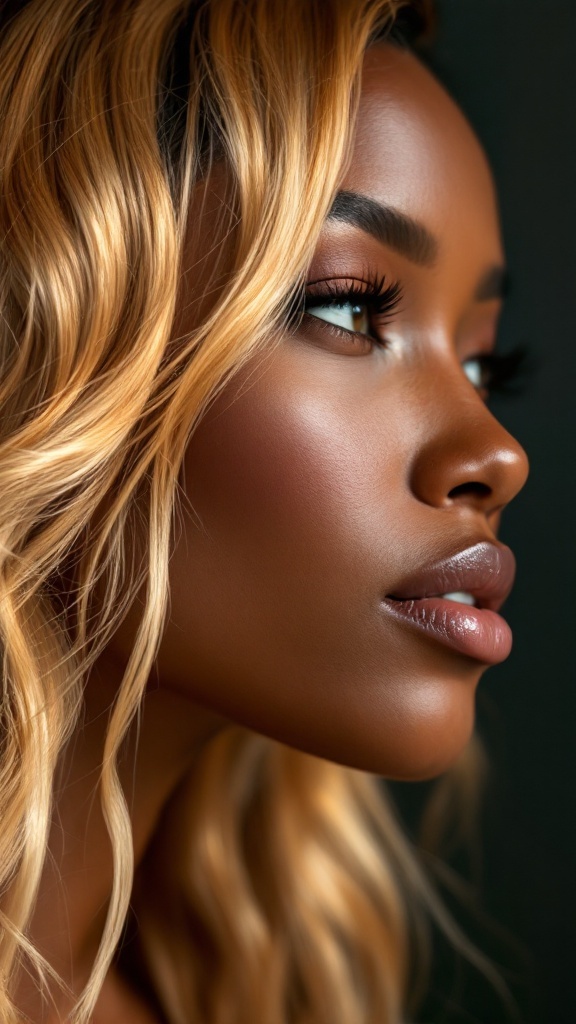 A close-up profile of a person with honey blonde layered hair on dark skin.
