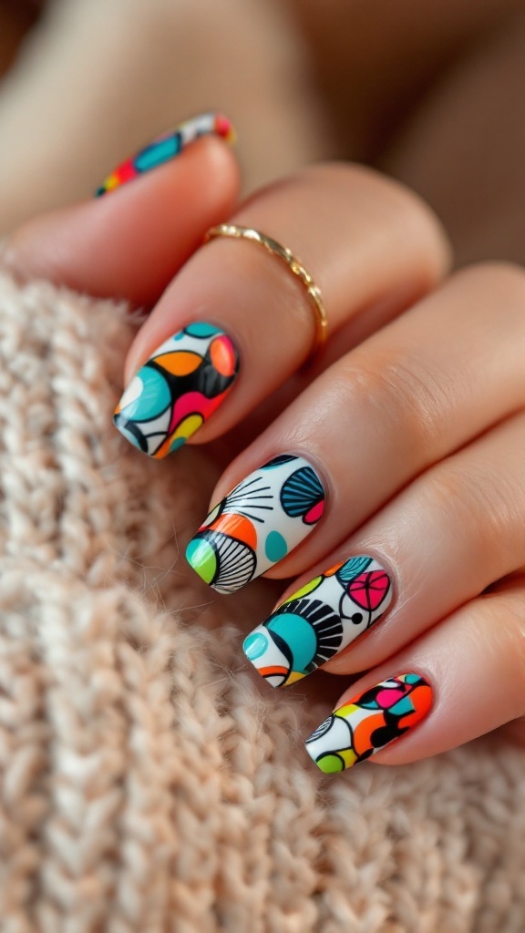 Close-up of colorful summer nail art with neon patterns on a hand resting on a knitted fabric.