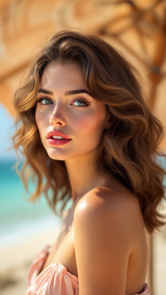 A woman with vintage-inspired beach waves hairstyle, smiling with a beach background.