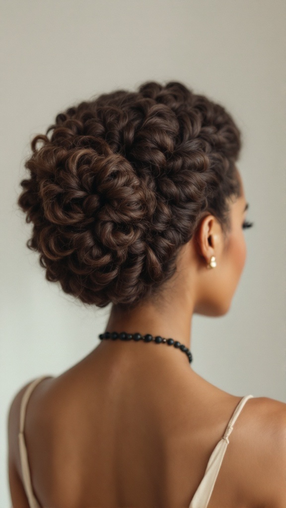 A beautiful vintage-inspired crochet hairstyle featuring a voluminous roll and intricate curls.