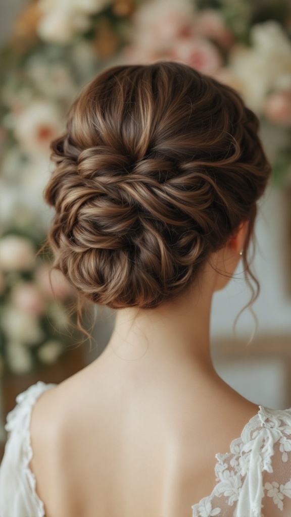 A close-up view of a vintage-inspired curly chignon hairstyle, styled elegantly for a bridesmaid.