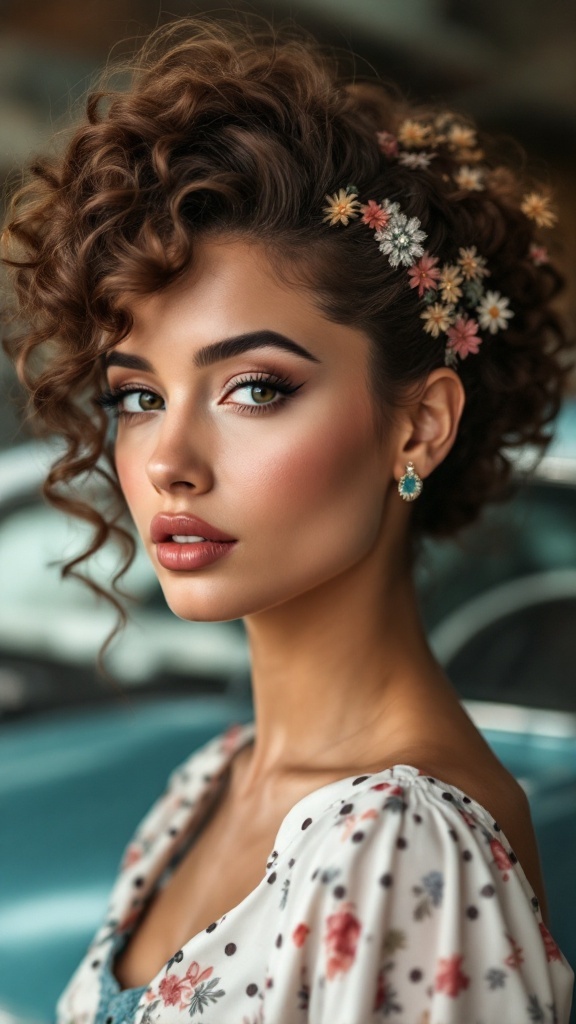 A woman with curly hair styled in a vintage-inspired updo, adorned with small flowers, wearing a floral dress.