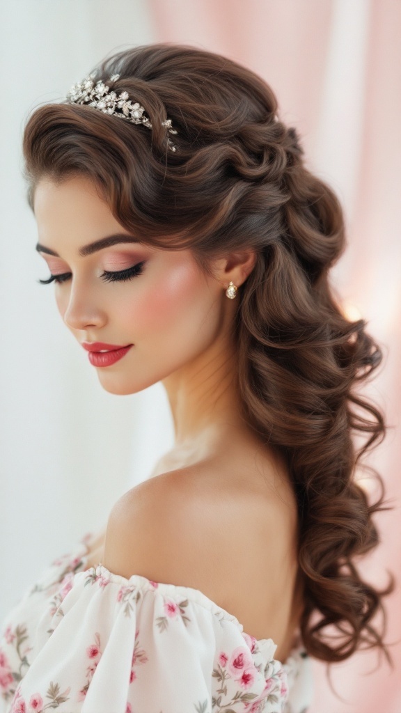 A woman with wavy hair styled in vintage finger waves, adorned with a delicate hair accessory.
