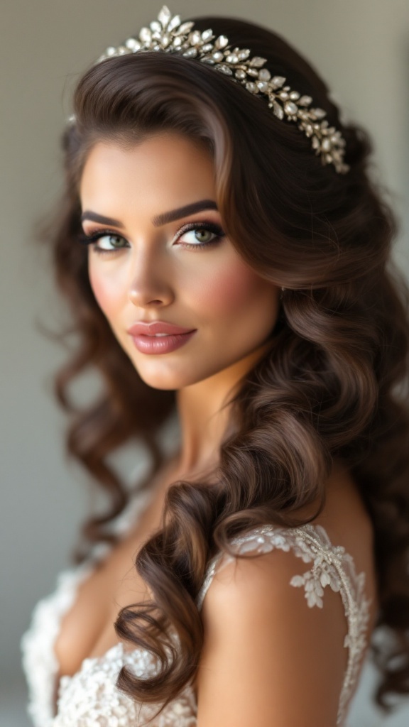 A bride with vintage-inspired Hollywood glam hairstyle featuring soft curls and a pearl headband.