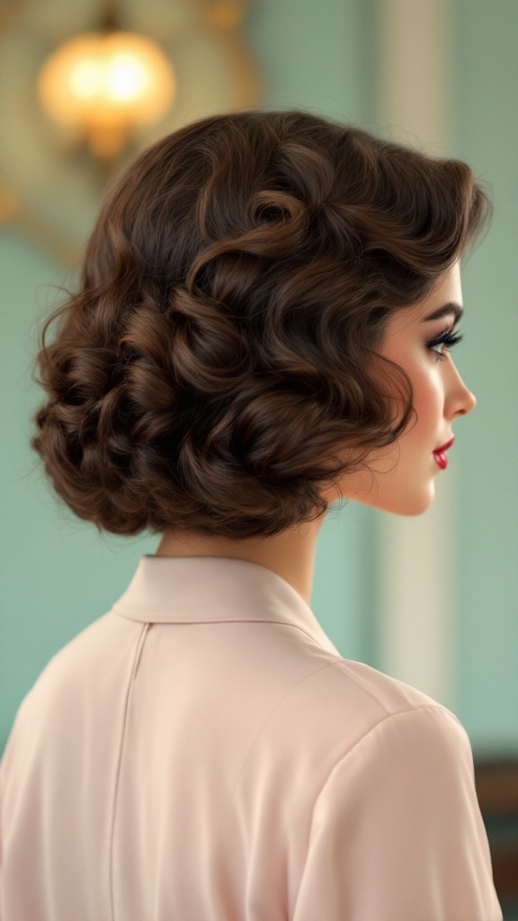 A vintage-inspired medium haircut featuring soft curls, showcasing a side profile of a woman.