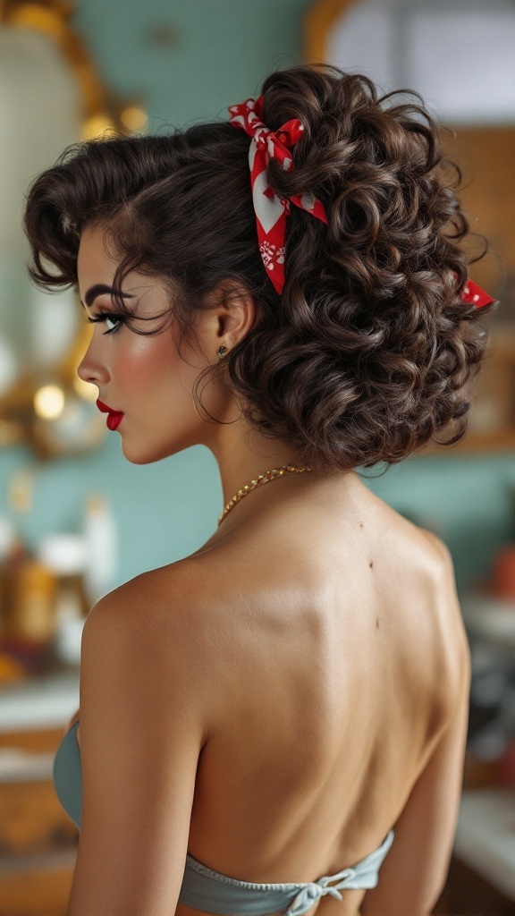 A woman with vintage-inspired pin-up curls and a red scarf in her hair.