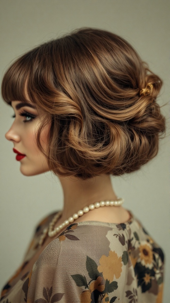 A vintage-inspired hairstyle featuring side bangs and soft curls, enhancing a classic look.