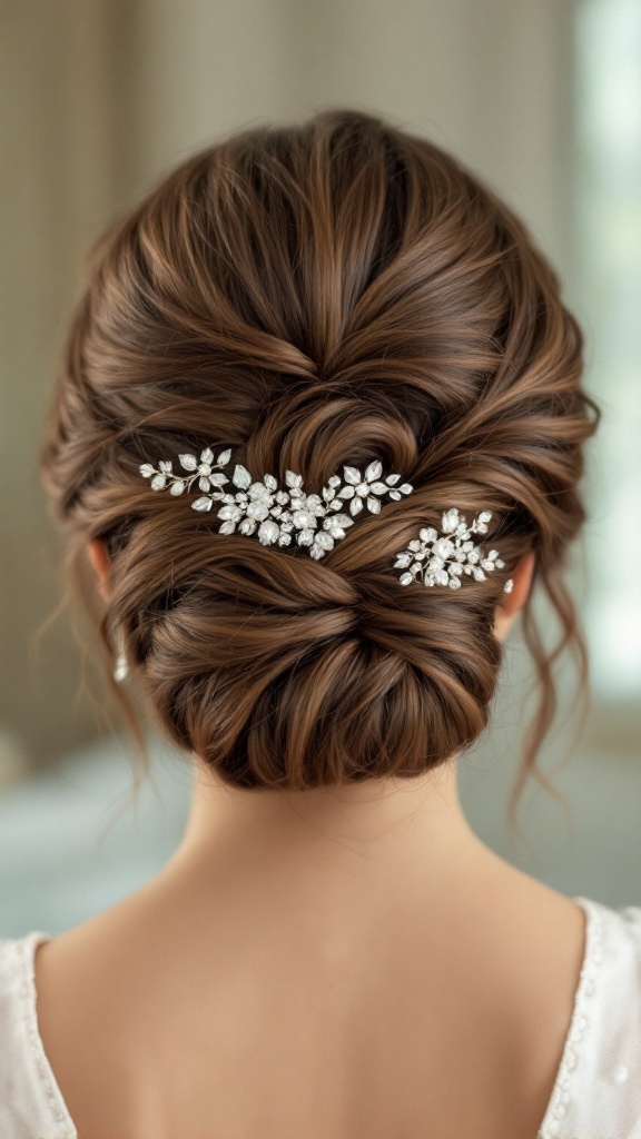 A vintage-inspired updo hairstyle with intricate hair accessories.