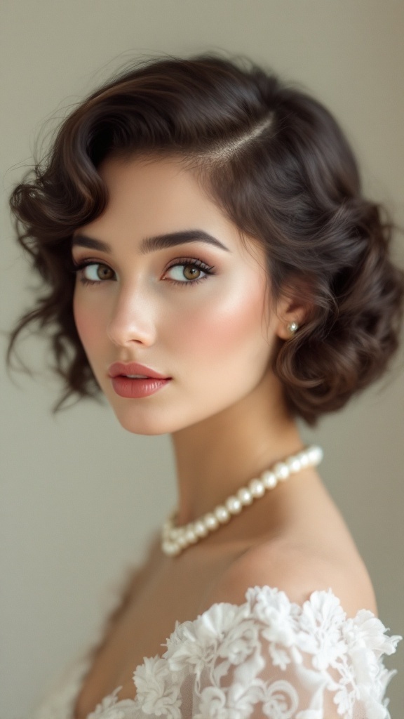A close-up of a woman with short, vintage finger waves hairstyle, wearing a pearl necklace and soft makeup.