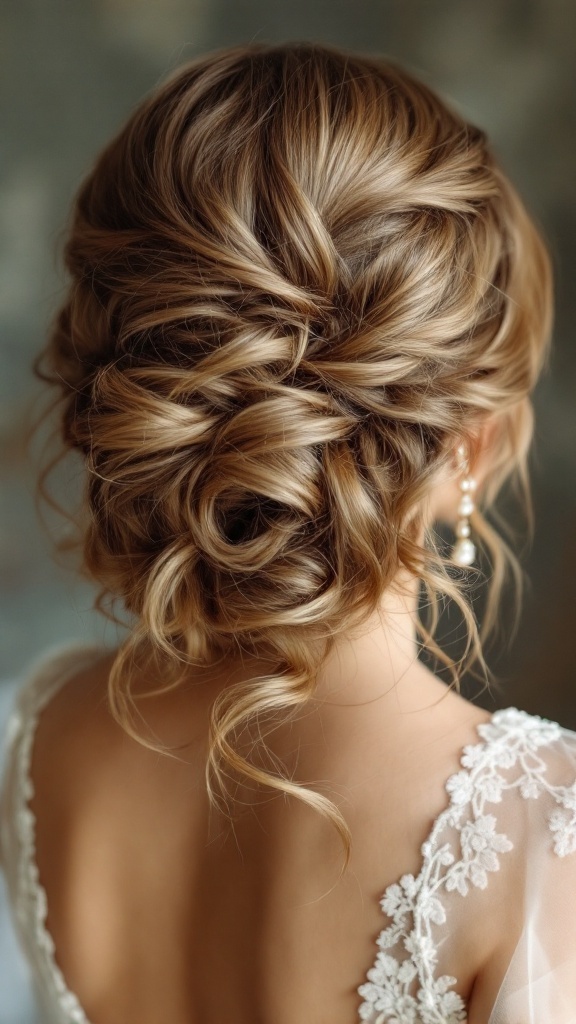 A wedding hairstyle featuring vintage finger waves and loose curls at the back, accentuated with pearl earrings.