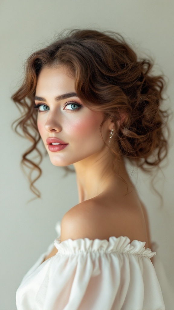 A woman with soft, loose curls and natural makeup, showcasing a vintage wedding hairstyle.
