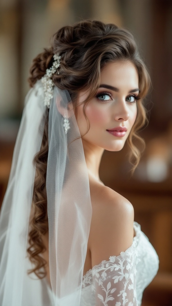 A bride with vintage half-up curls wearing a veil, showcasing a romantic and elegant hairstyle.