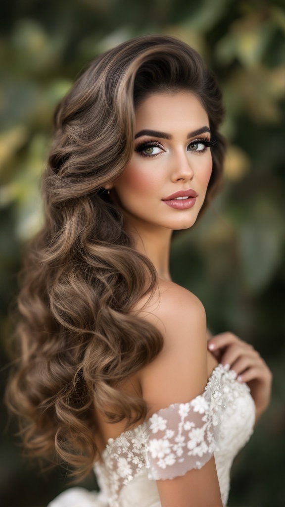 A woman with long, voluminous curls styled in a vintage Hollywood glam fashion, wearing an off-the-shoulder wedding dress.