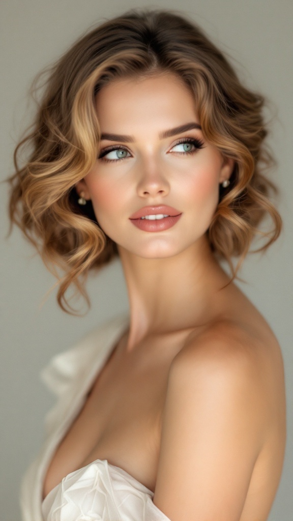 A woman with vintage Hollywood waves, styled elegantly, showcasing a soft and glamorous look, wearing a one-shoulder dress.