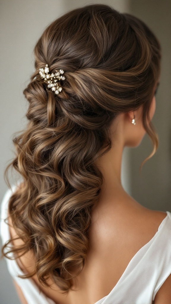 A close-up view of a bridesmaid's hairstyle featuring vintage Hollywood waves and a decorative hairpin.