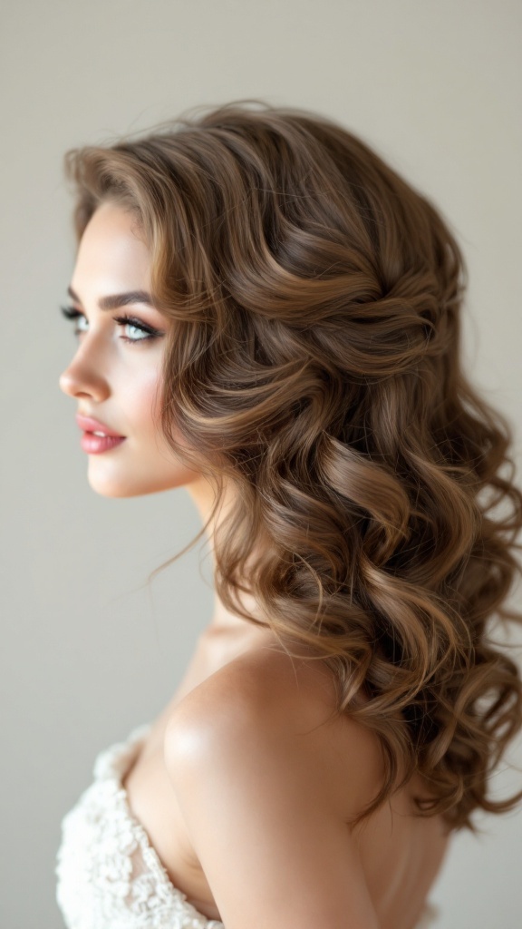 Bridal hairstyle featuring vintage Hollywood waves with a side part, showcasing soft curls and elegant styling.