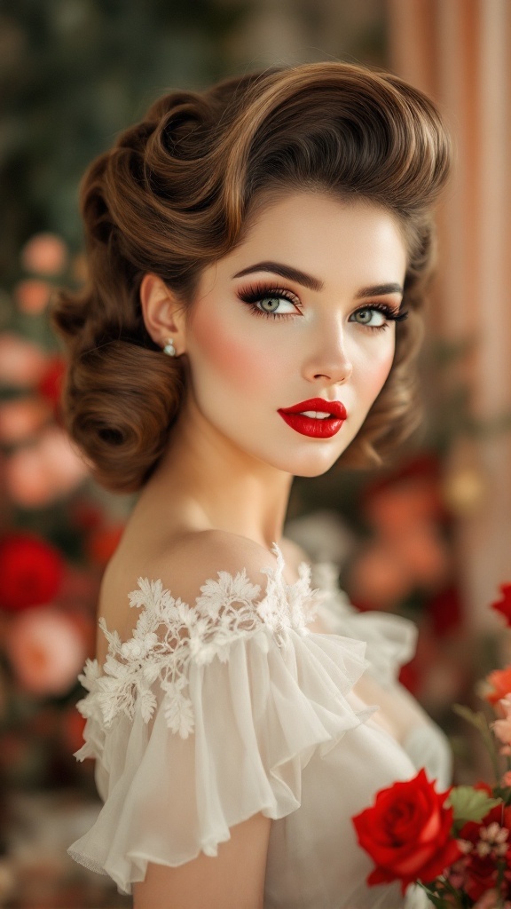 A woman with vintage pin-up rolls hairstyle and red lipstick, surrounded by roses