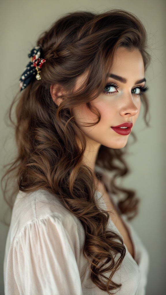 A woman with vintage pin-up hairstyle featuring soft curls and a decorative hair accessory.
