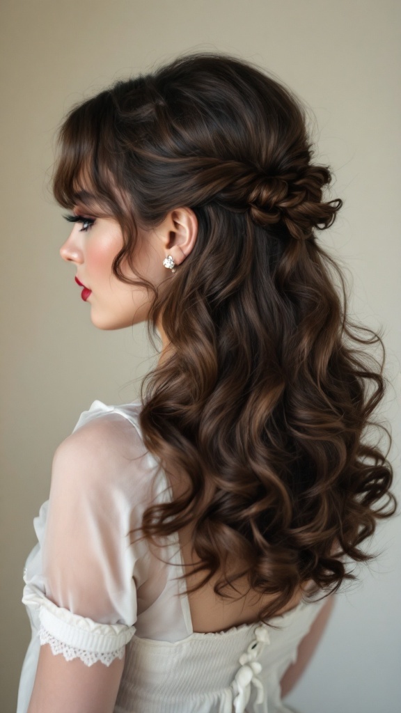 A woman with vintage pin-up hairstyle featuring half up curls, showcasing a soft and romantic aesthetic.