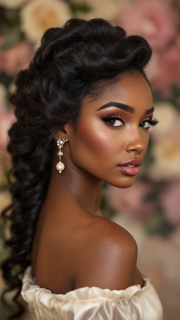 A woman with vintage pin curls styled elegantly, showcasing soft waves and a romantic look.