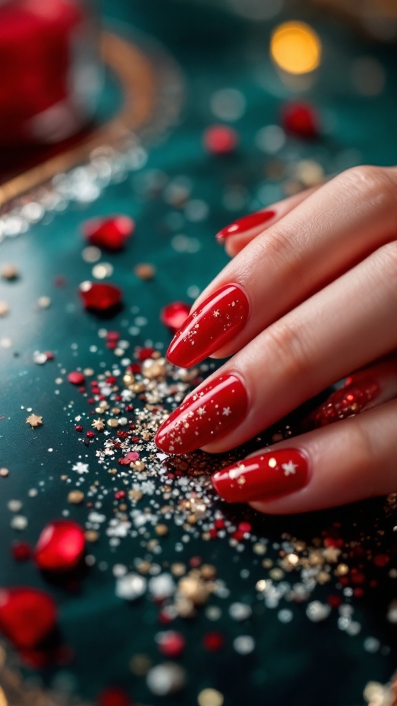 Vintage red glitter nails on a dark green background with decorative elements