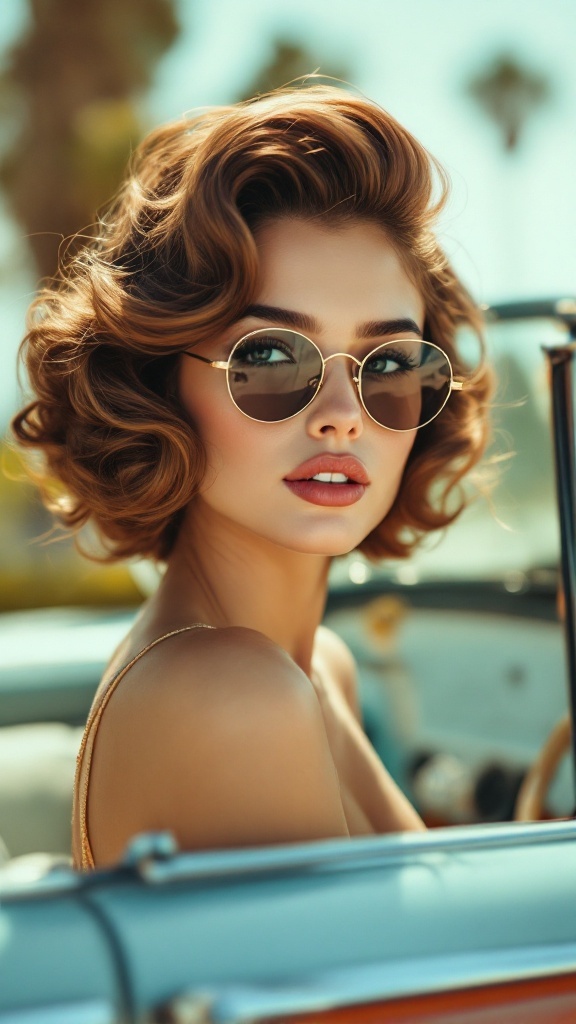 A woman with vintage rolled hair wearing sunglasses, sitting in a classic car.