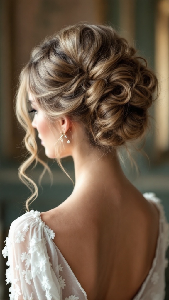 Bridal hairstyle featuring a vintage roll with soft curls, showcasing elegance and romance.