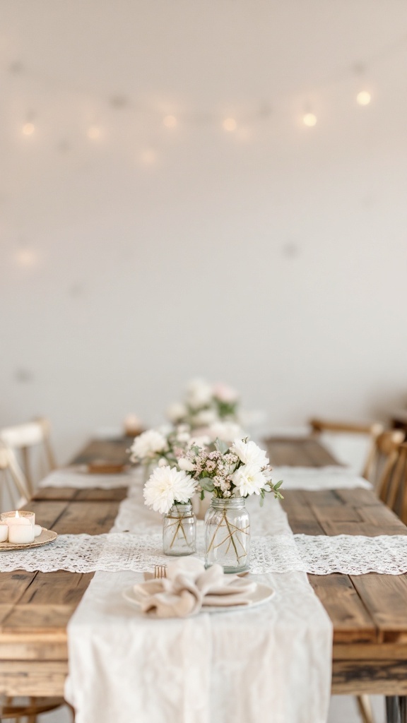 A rustic bridal shower table setting with flowers in jars and lace decor