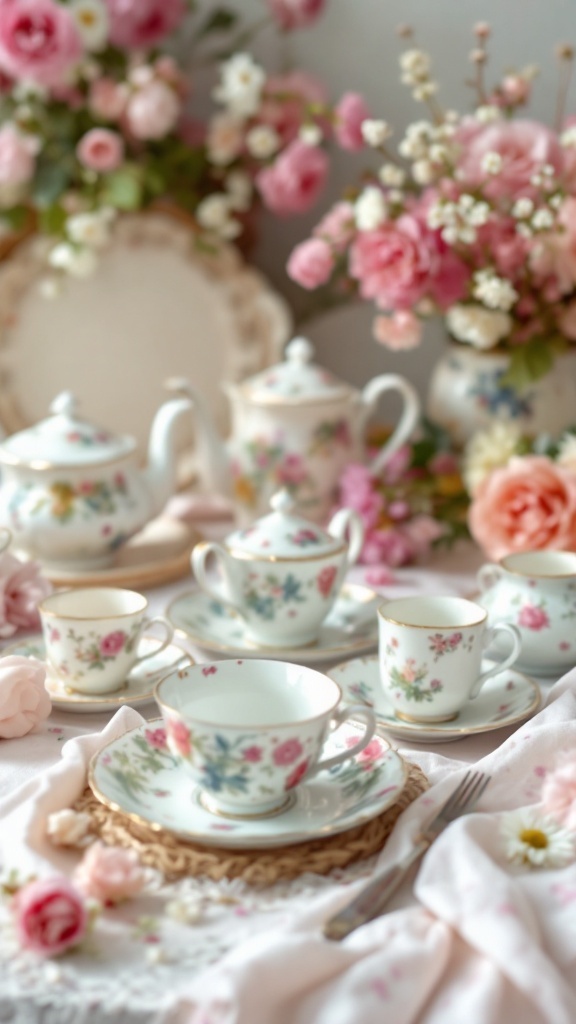 A beautifully arranged vintage tea party setting with floral patterned teacups and pink flowers.