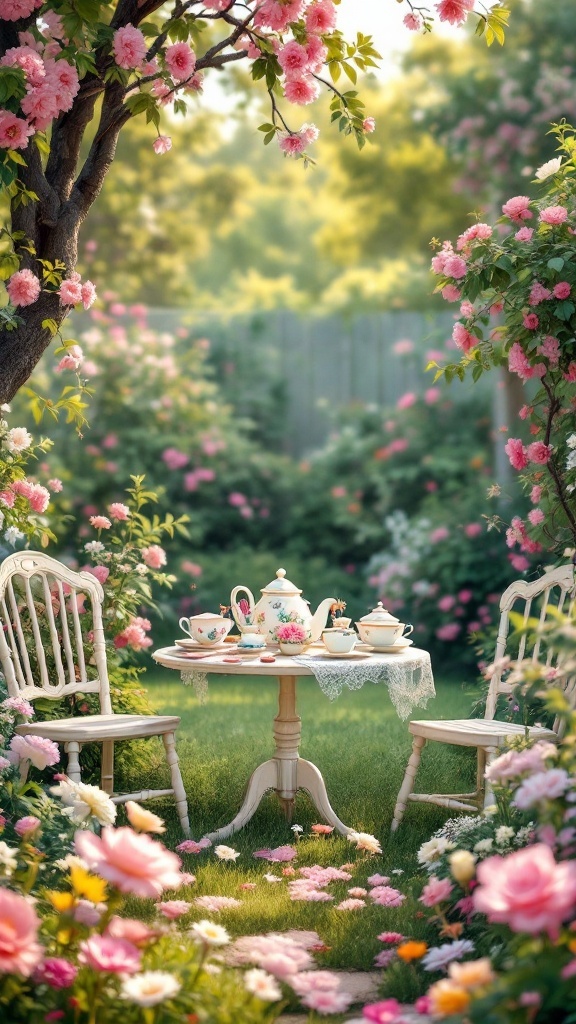 A vintage tea party setup in a garden with floral decor and delicate china.