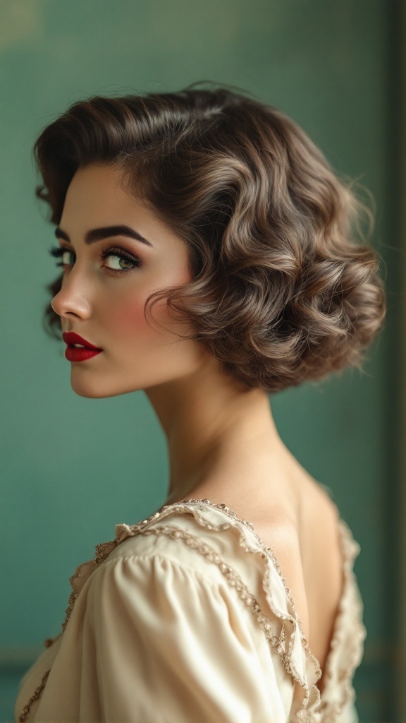 A woman with vintage waves hairstyle, wearing soft makeup, showcasing retro charm.