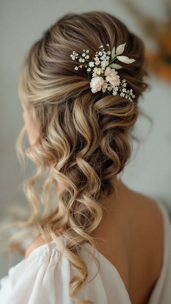 A woman with vintage waves hairstyle, adorned with hair accessories like flowers.