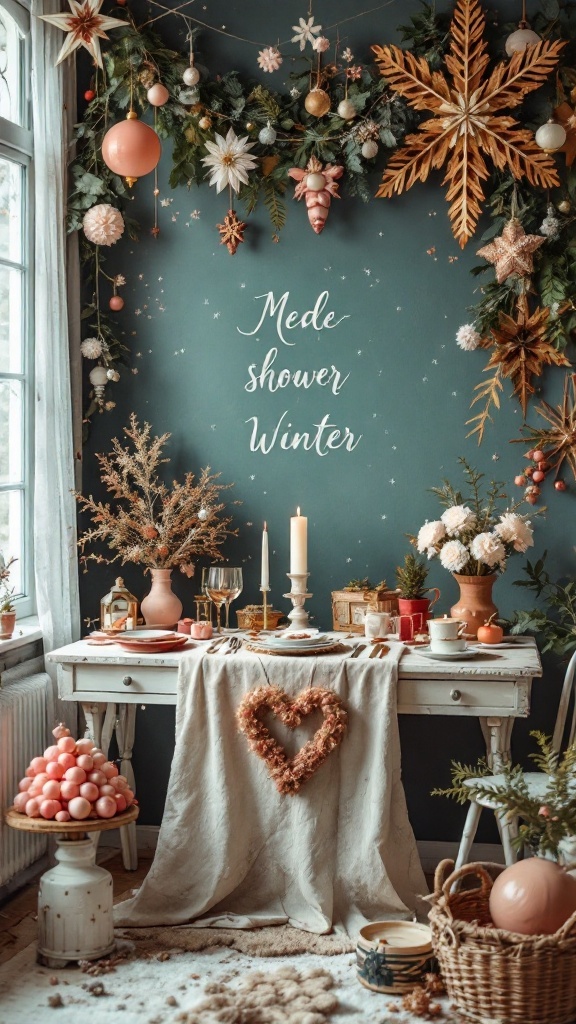 A beautifully decorated vintage winter bridal shower scene featuring a table, floral arrangements, and winter ornaments.