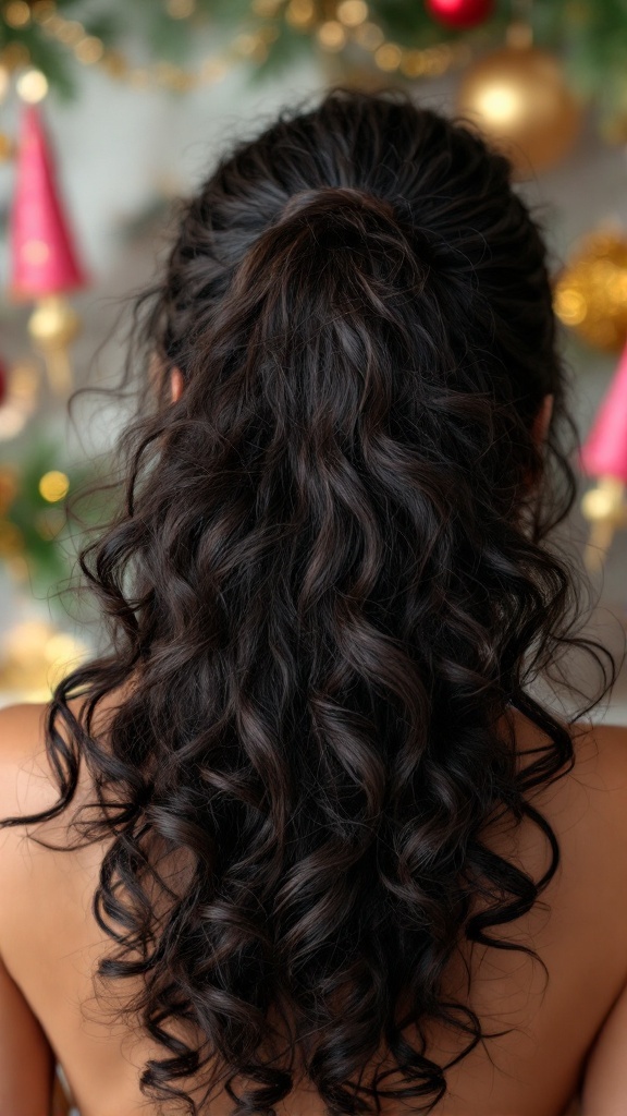 A beautiful voluminous curly ponytail hairstyle suitable for parties, showcasing long, bouncy curls.