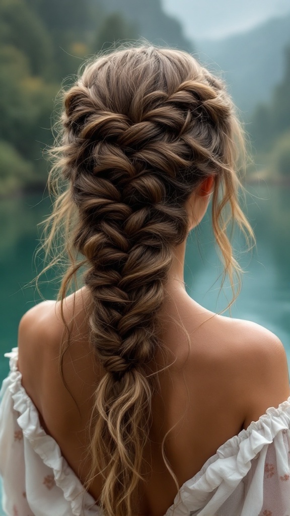A waterfall braid hairstyle, showcasing a beautiful braided design with loose waves.