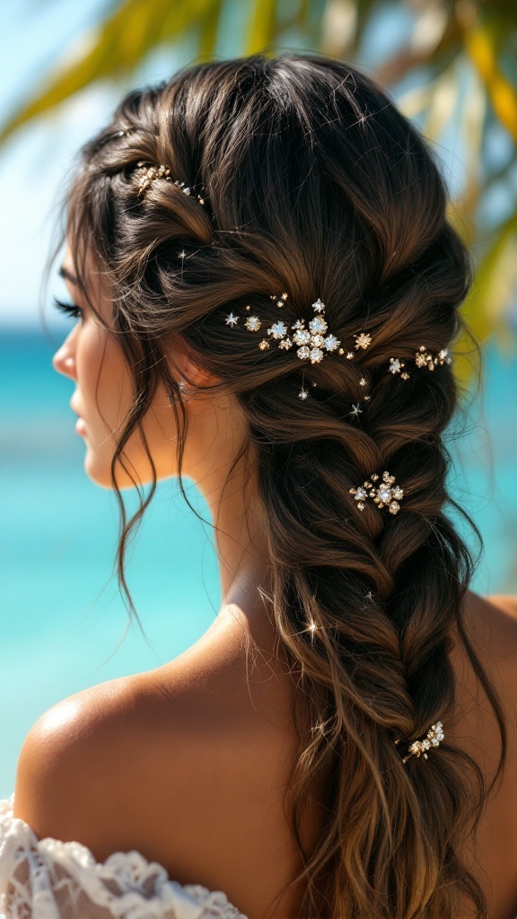 A woman with a waterfall braid adorned with glittering accents, enjoying a sunny beach backdrop.