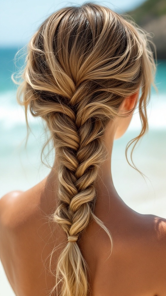 A waterfall braid hairstyle with loose waves, highlighting the beautiful cascade of hair.