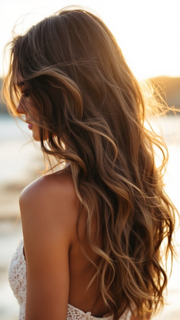 A woman with long, wavy hair styled in a side part, showcasing beachy vibes against a sunset background.