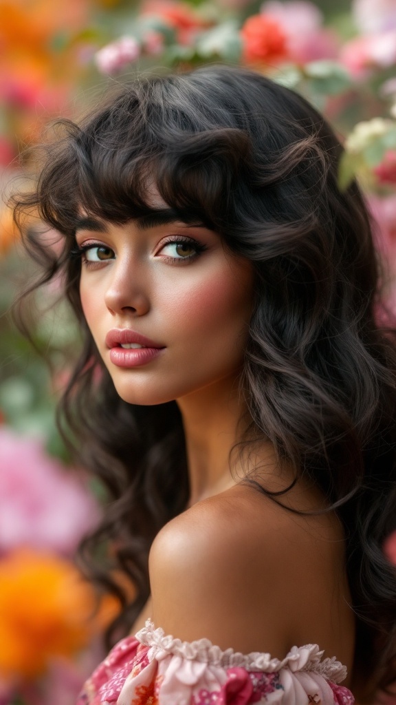 A woman with curly fringe hairstyle, surrounded by colorful flowers.