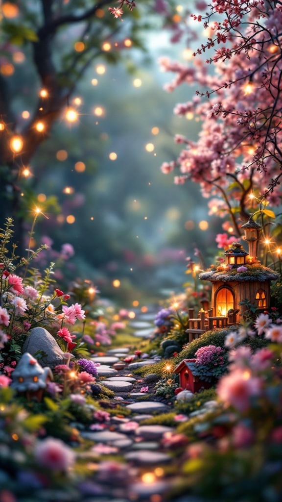 A whimsical fairy garden with colorful flowers, a pathway, and charming little houses.