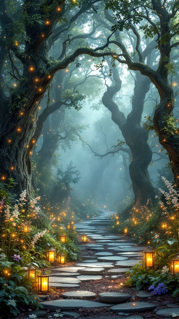 A mystical forest pathway with glowing lanterns and flowers, evoking a fairy tale theme.