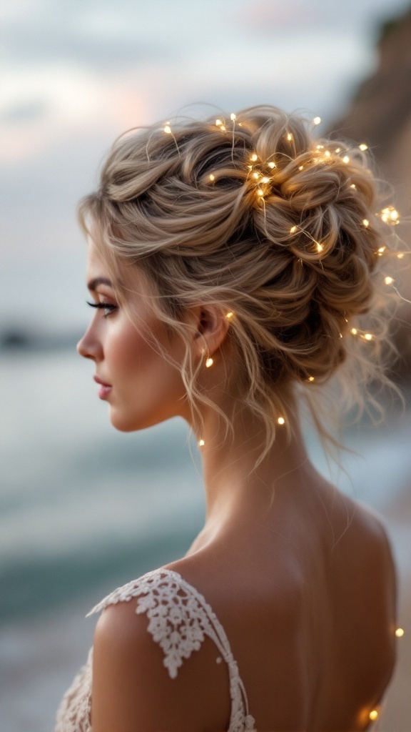 A woman with a whimsical updo hairstyle adorned with twinkling lights, set against a beach backdrop.