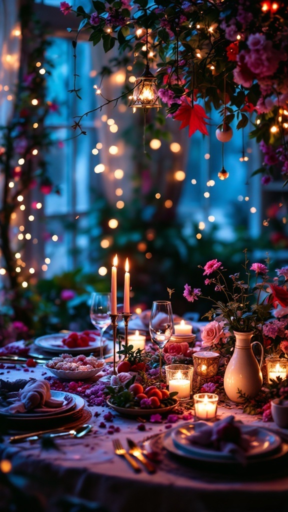 A beautifully arranged table for a whimsical fairytale bridal shower with candles, flowers, and soft lighting.
