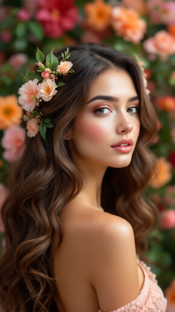 A woman with long hair styled in a half-up hairstyle, adorned with pink flowers and green leaves, set against a backdrop of colorful blooms.