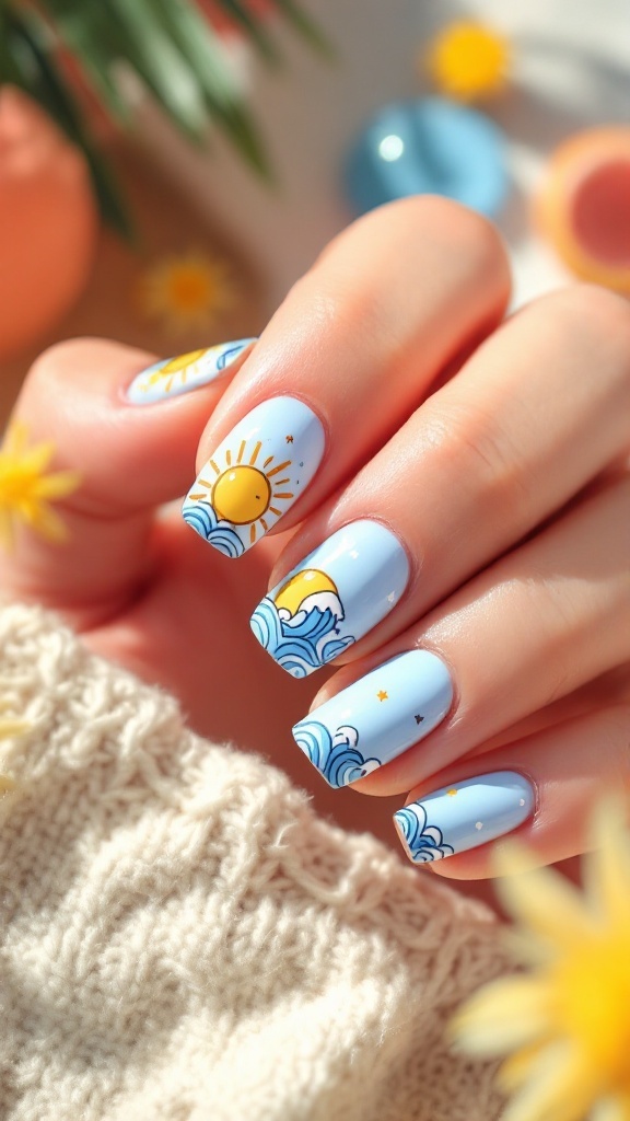 A hand with pastel-colored nails featuring whimsical summer doodles, including mountains, suns, and flowers.