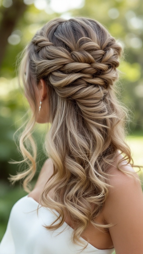 A whimsical twisted half-up hairstyle with cascading curls, styled for a wedding.
