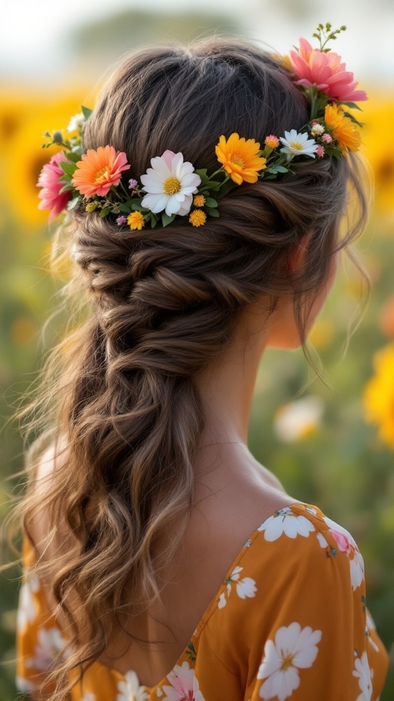 A woman with twisted half up half down hairstyle adorned with a flower crown, standing in a field of sunflowers.