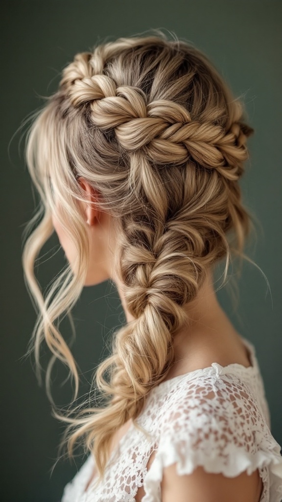 A beautiful half-up half-down hairstyle featuring a twisted braid creating a halo effect, with loose waves cascading down.