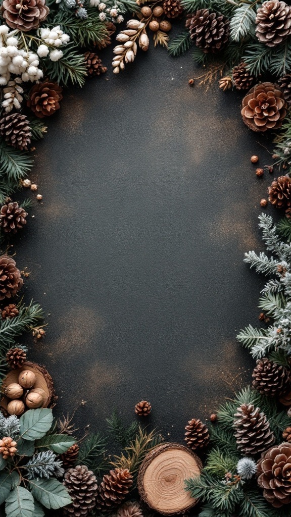 A winter forest themed bridal shower setup with pinecones, greenery, and wooden accents.
